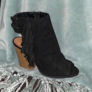Black Suede Open Toe Booties with Fringe